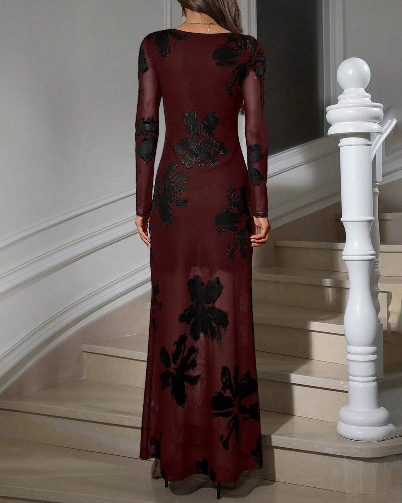Wine Red Floral Maxi Dress