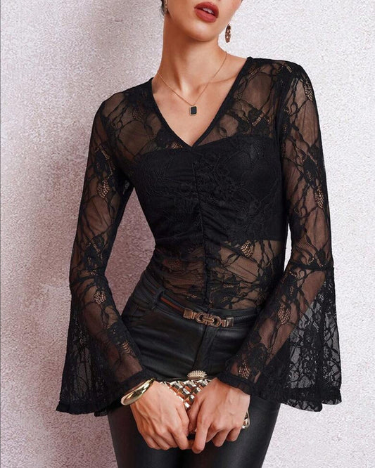 Black V Neck Floral Textured Tee