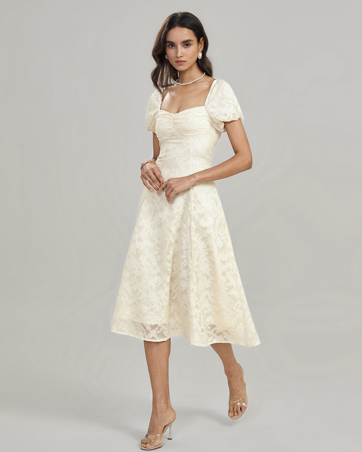 Apricot Square Neck Jacquard Midi Dress