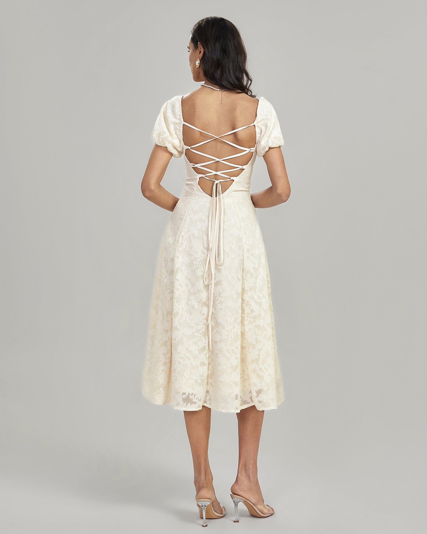 Apricot Square Neck Jacquard Midi Dress