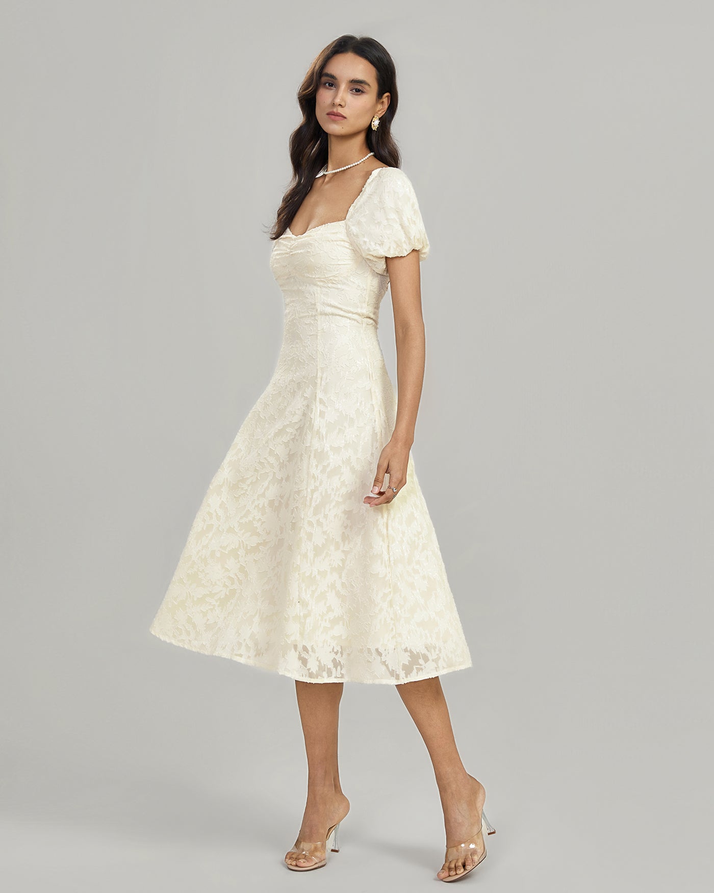 Apricot Square Neck Jacquard Midi Dress