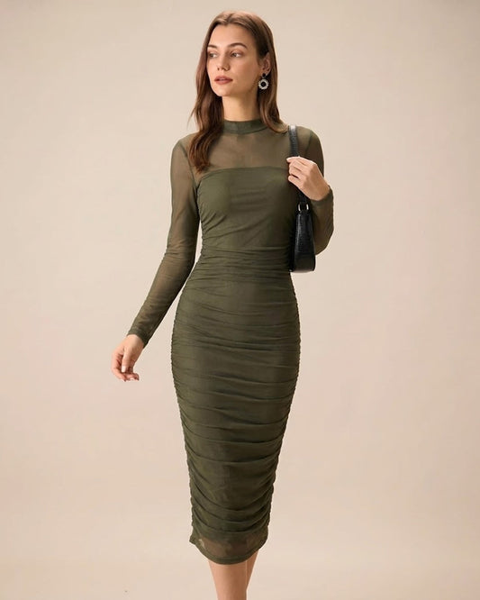 Green Mock Neck Ruched Midi Dress