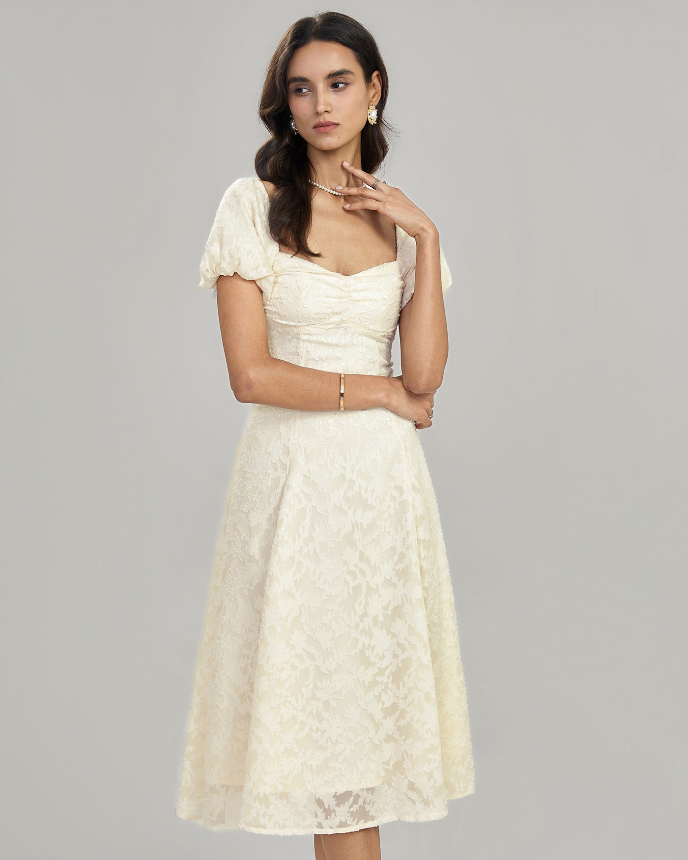 Apricot Square Neck Jacquard Midi Dress
