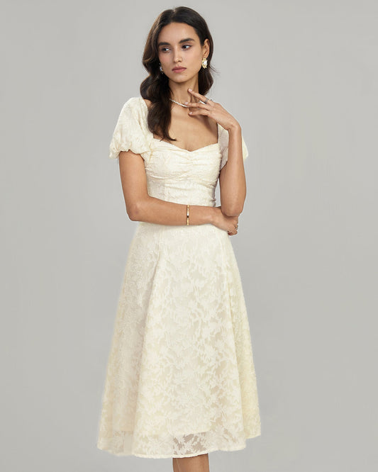 Apricot Square Neck Jacquard Midi Dress