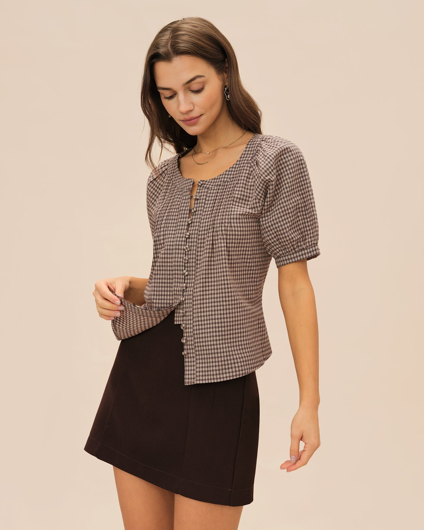 Brown Plaid Raglan Sleeve Blouse