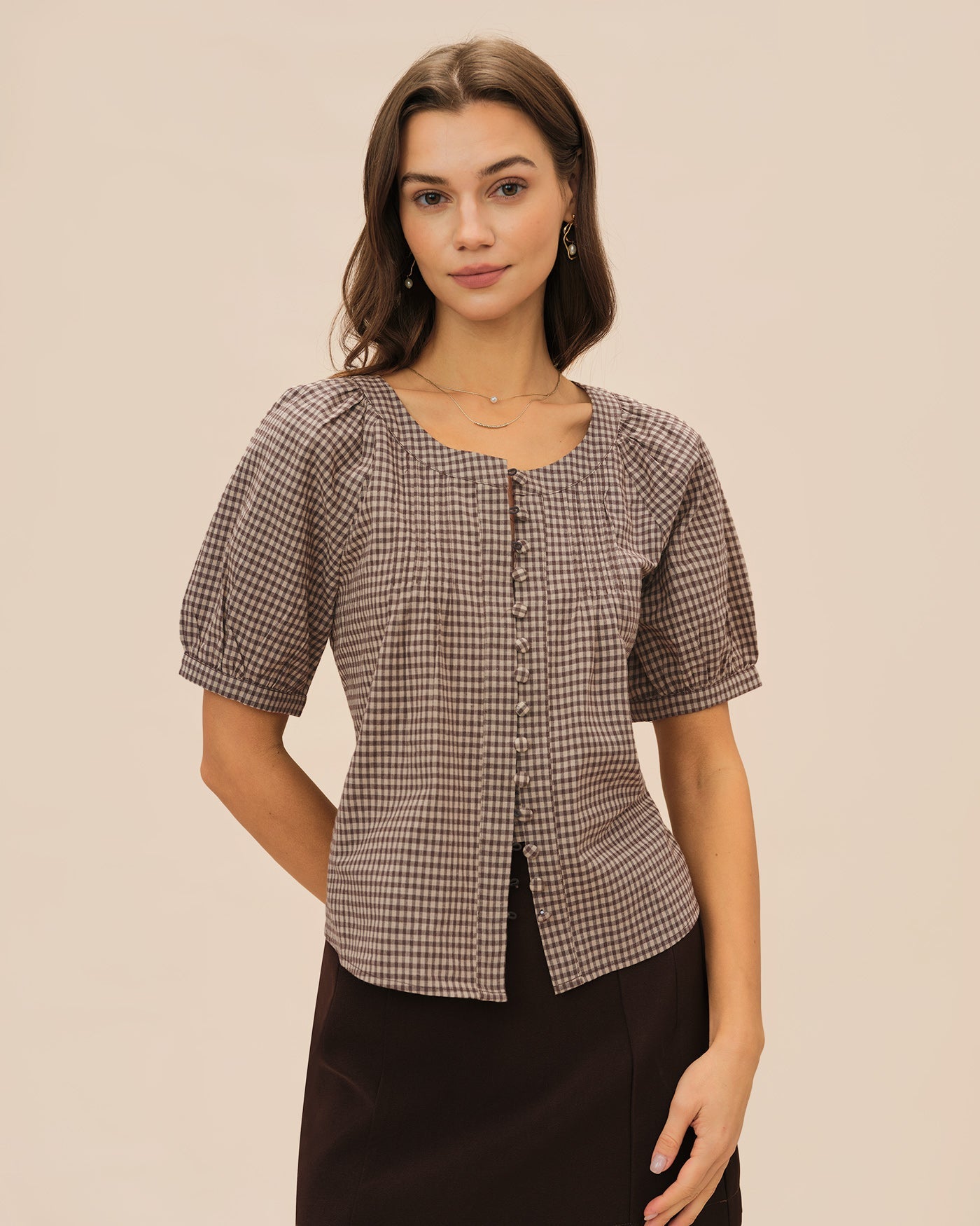 Brown Plaid Raglan Sleeve Blouse
