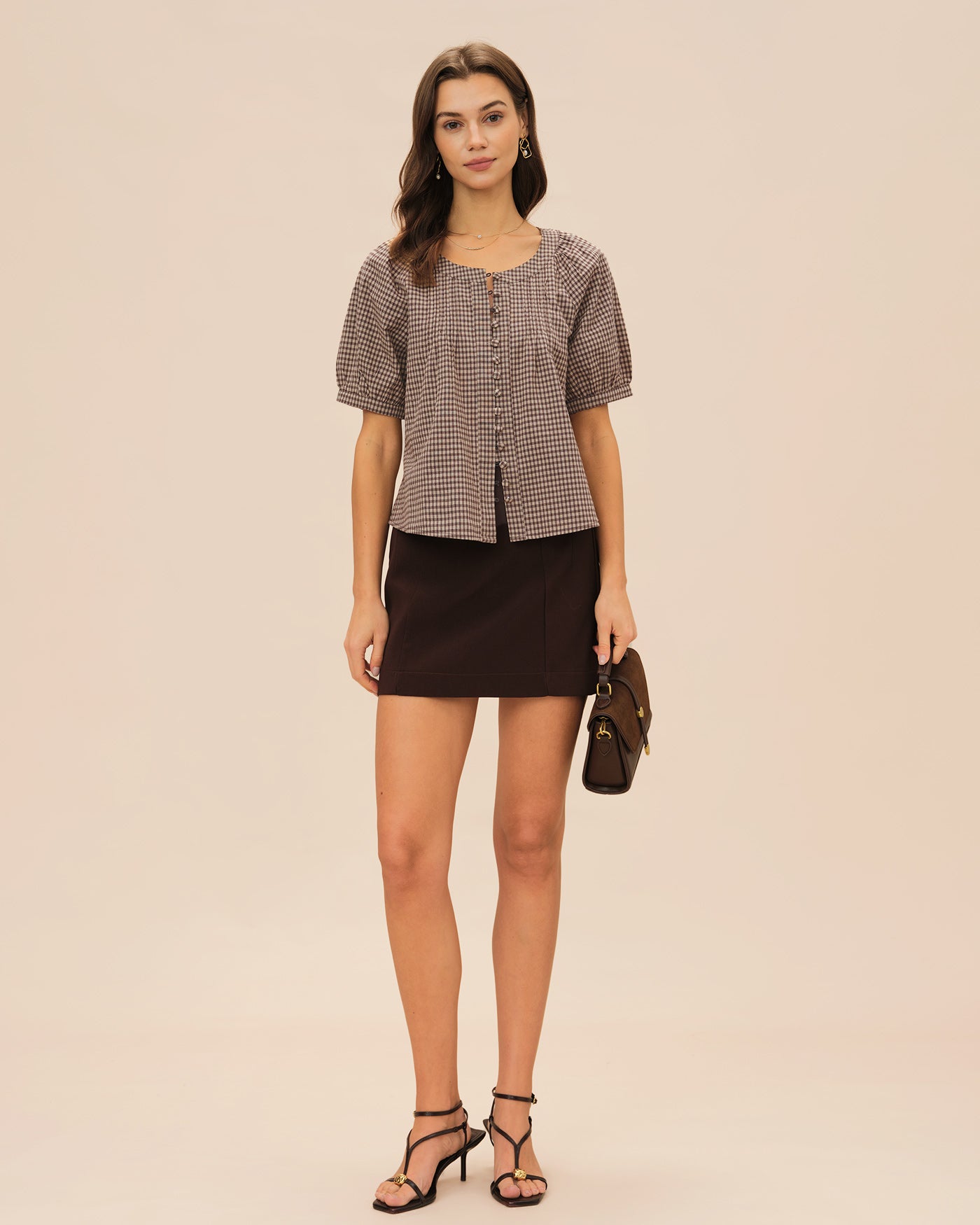Brown Plaid Raglan Sleeve Blouse