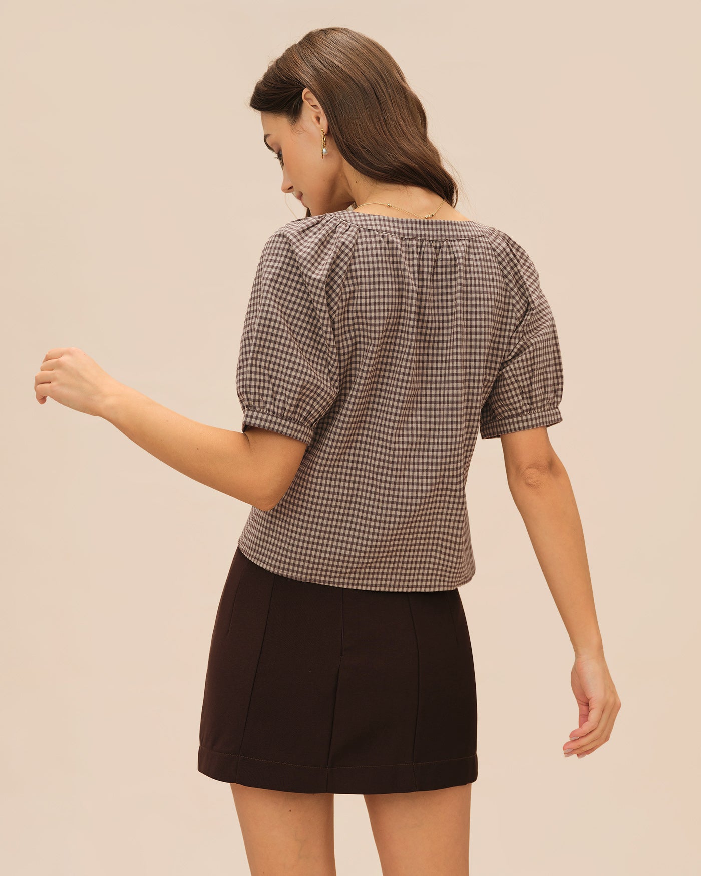 Brown Plaid Raglan Sleeve Blouse