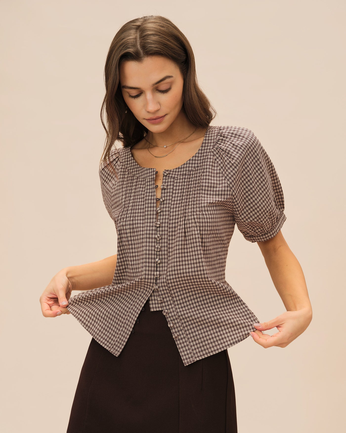 Brown Plaid Raglan Sleeve Blouse