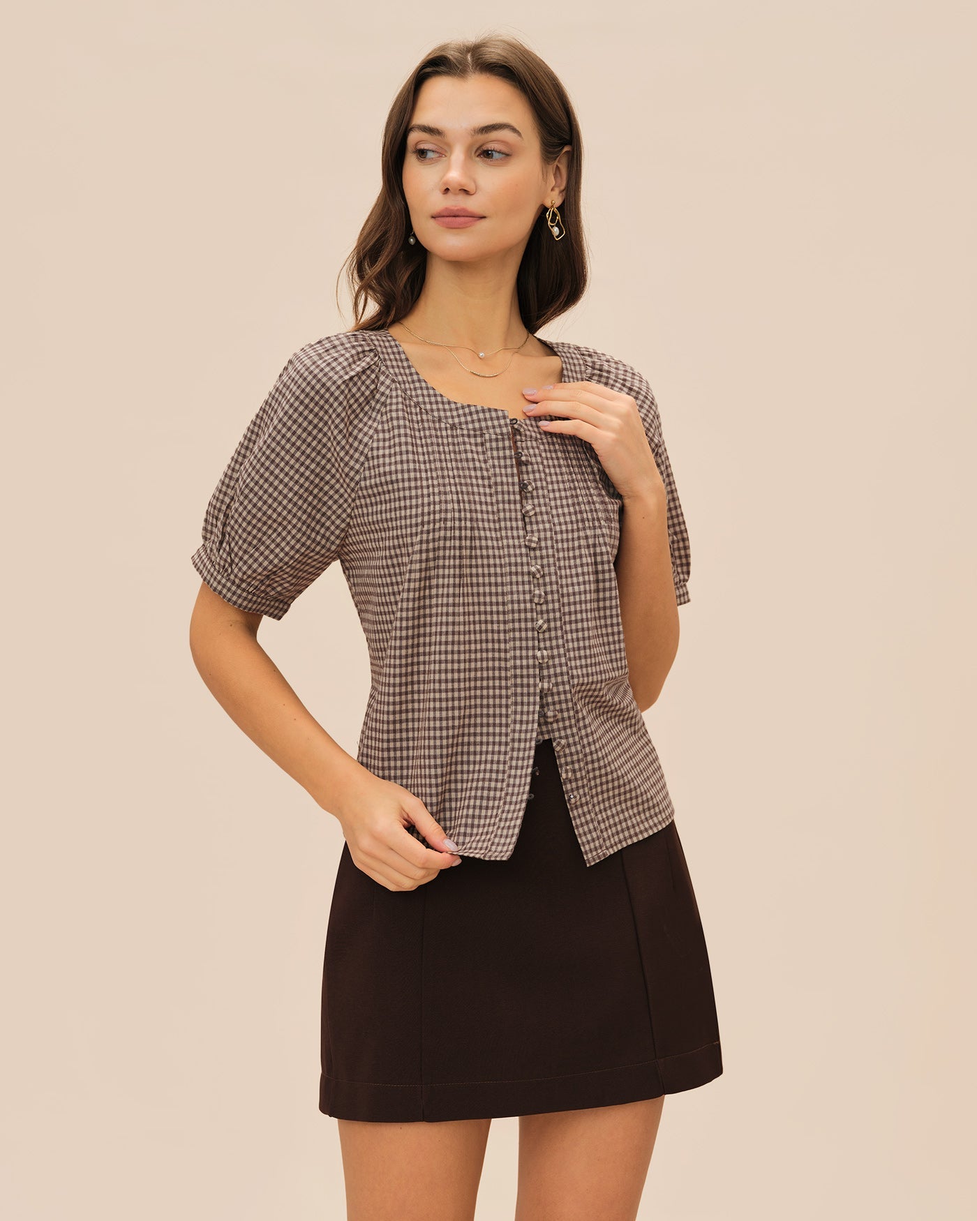 Brown Plaid Raglan Sleeve Blouse