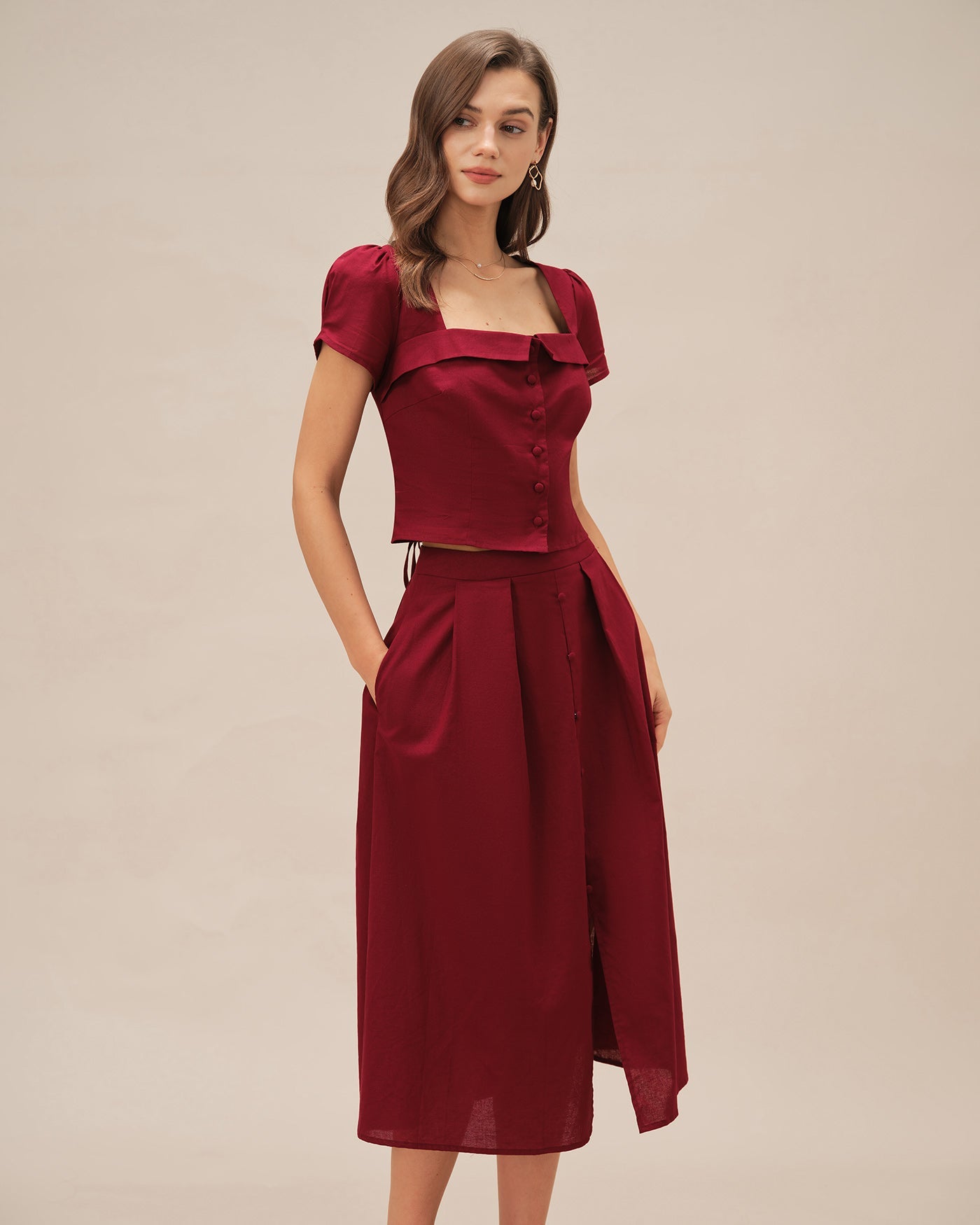 Red Square Neck X Cross Tie Blouse