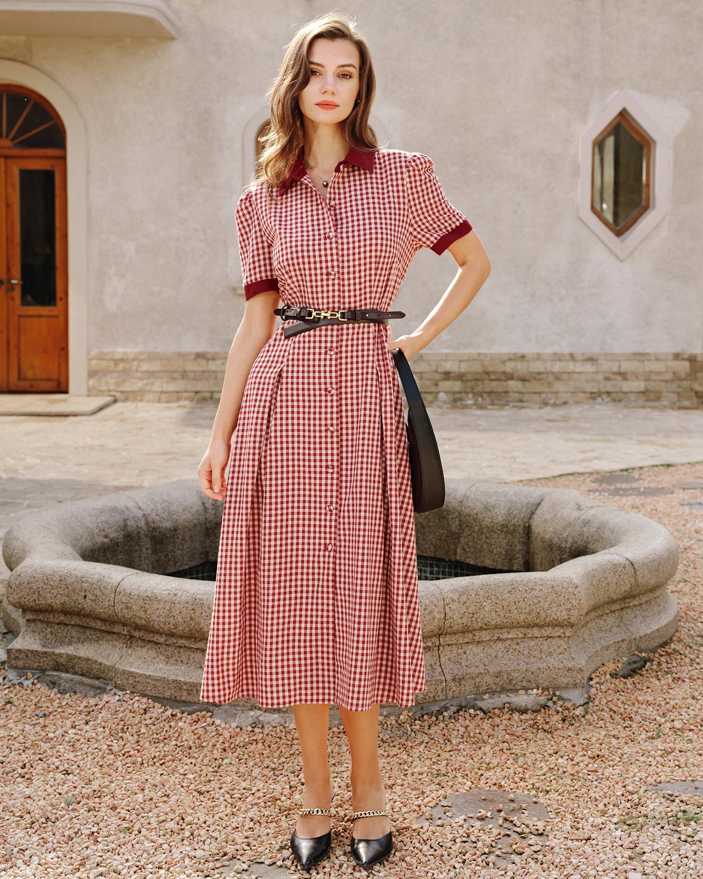 Red Plaid Button Midi Dress