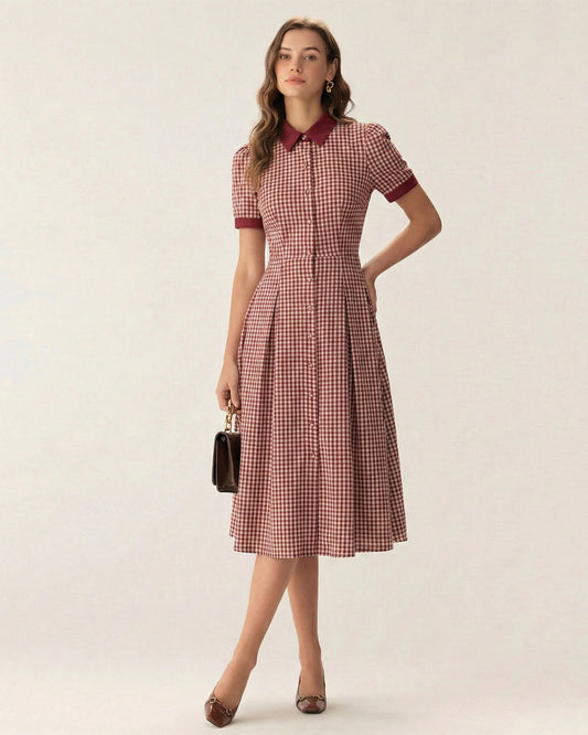 Red Plaid Button Midi Dress
