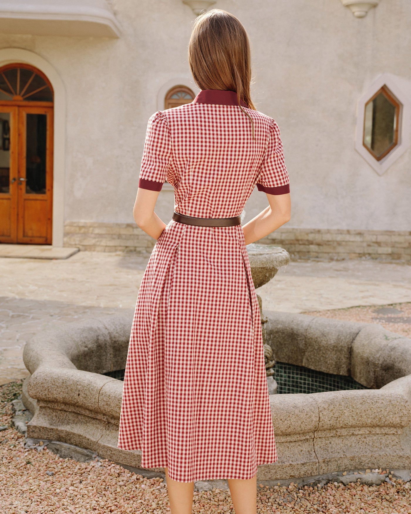 Red Plaid Button Midi Dress