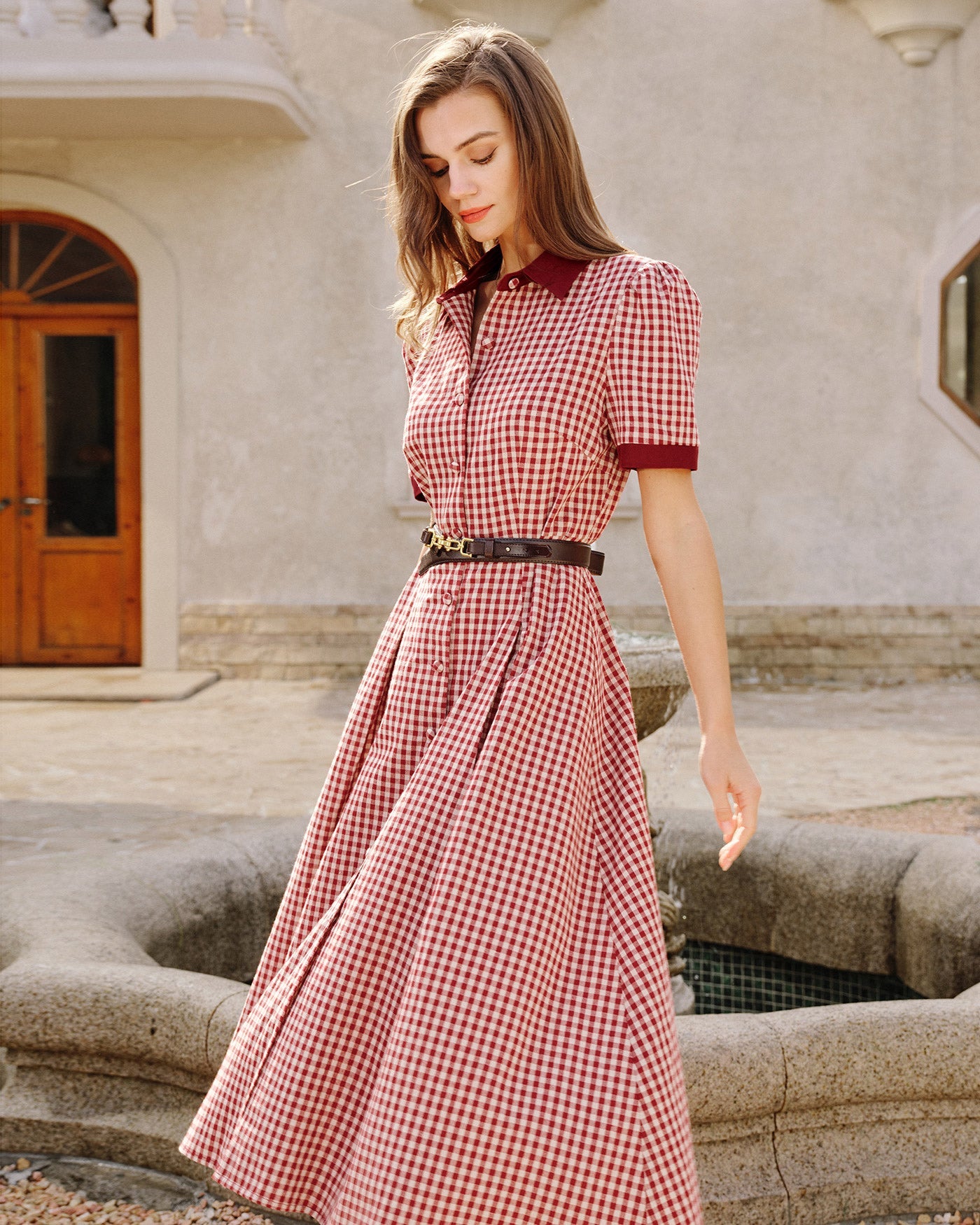 Red Plaid Button Midi Dress