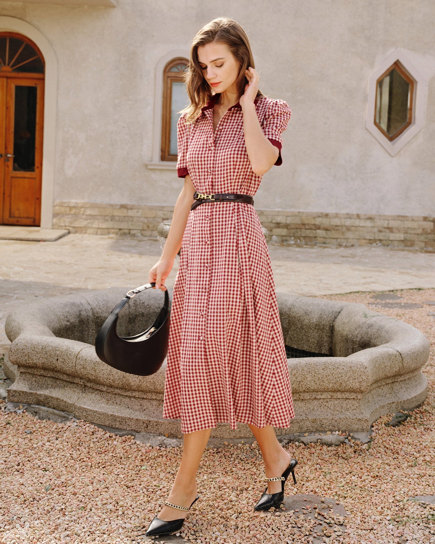Red Plaid Button Midi Dress