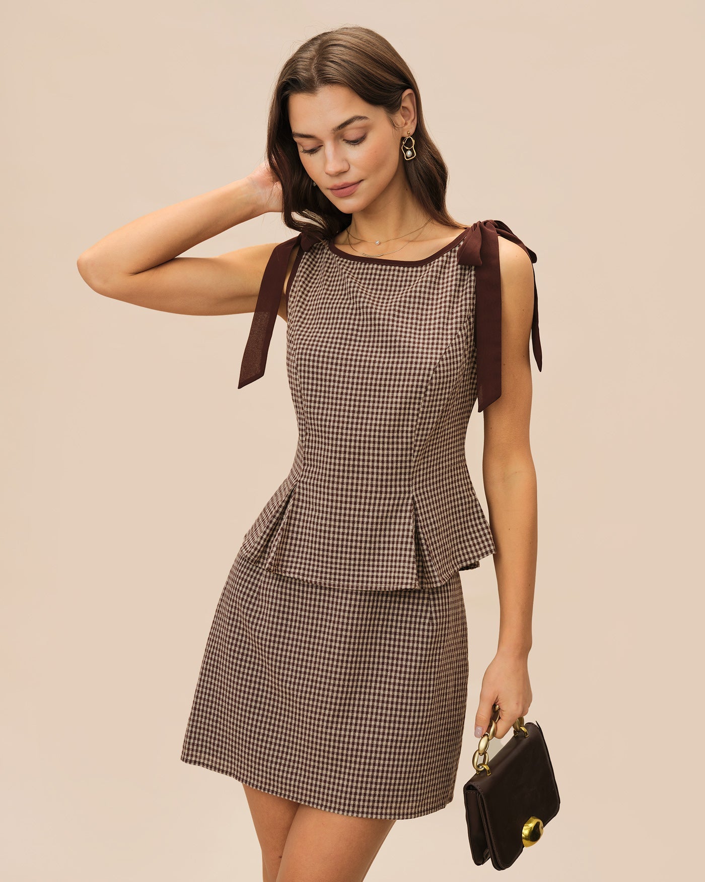 Brown Boat Neck Plaid Tank Top