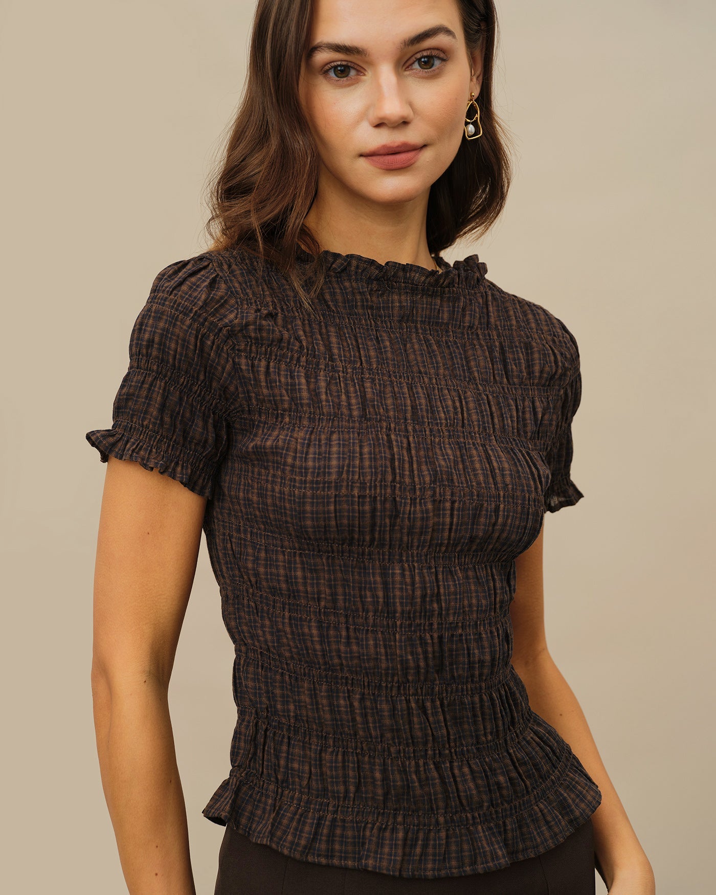 Coffee Plaid Shirred Tee