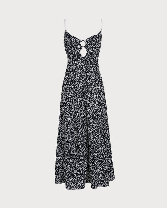 Black Floral Tie Straps Maxi Dress