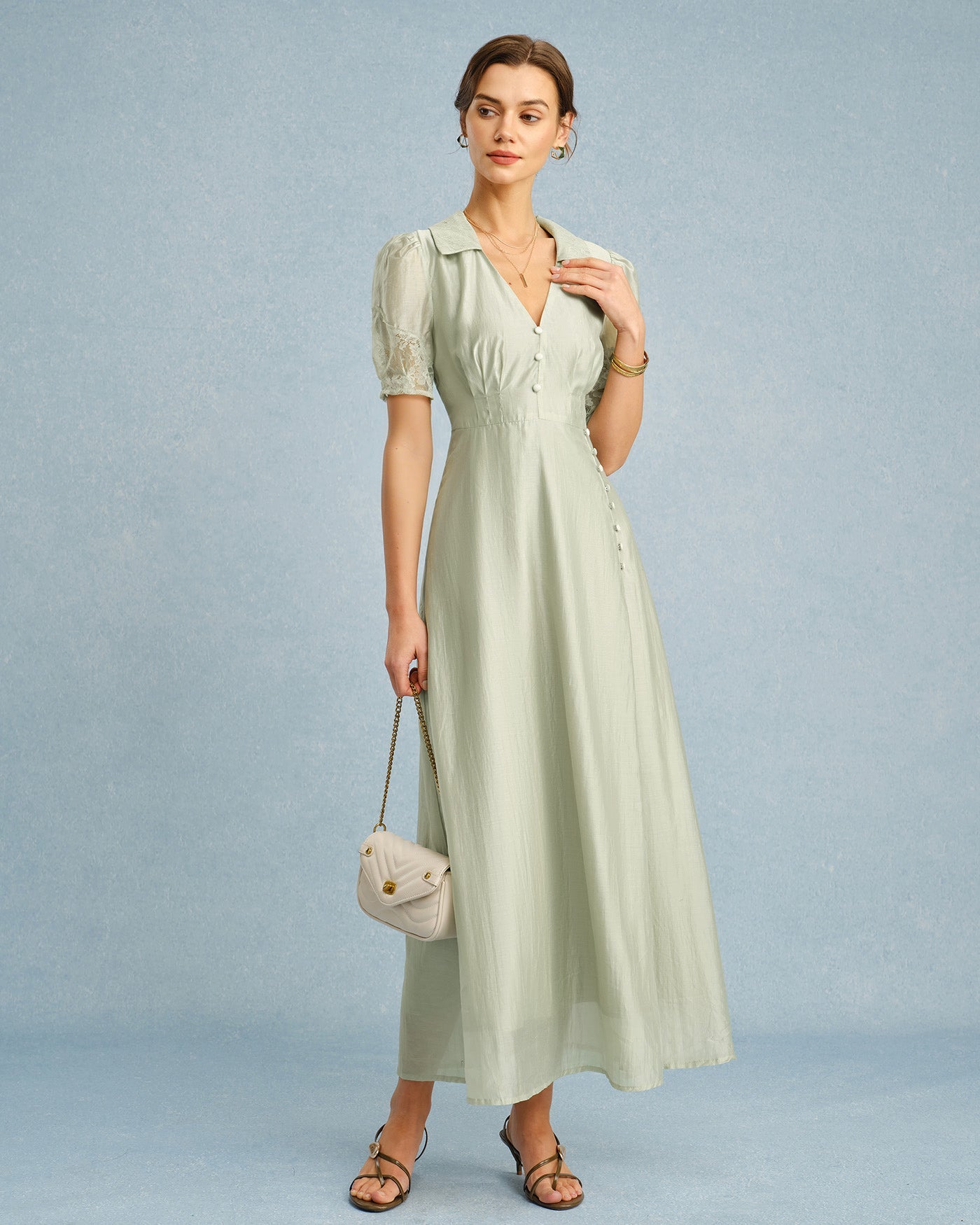 Green V Neck Button Maxi Dress