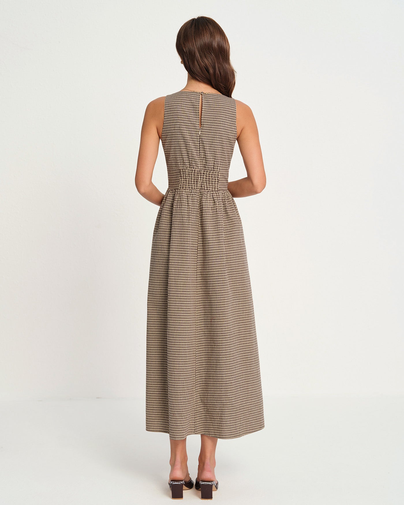 Brown V Neck Plaid Maxi Dress