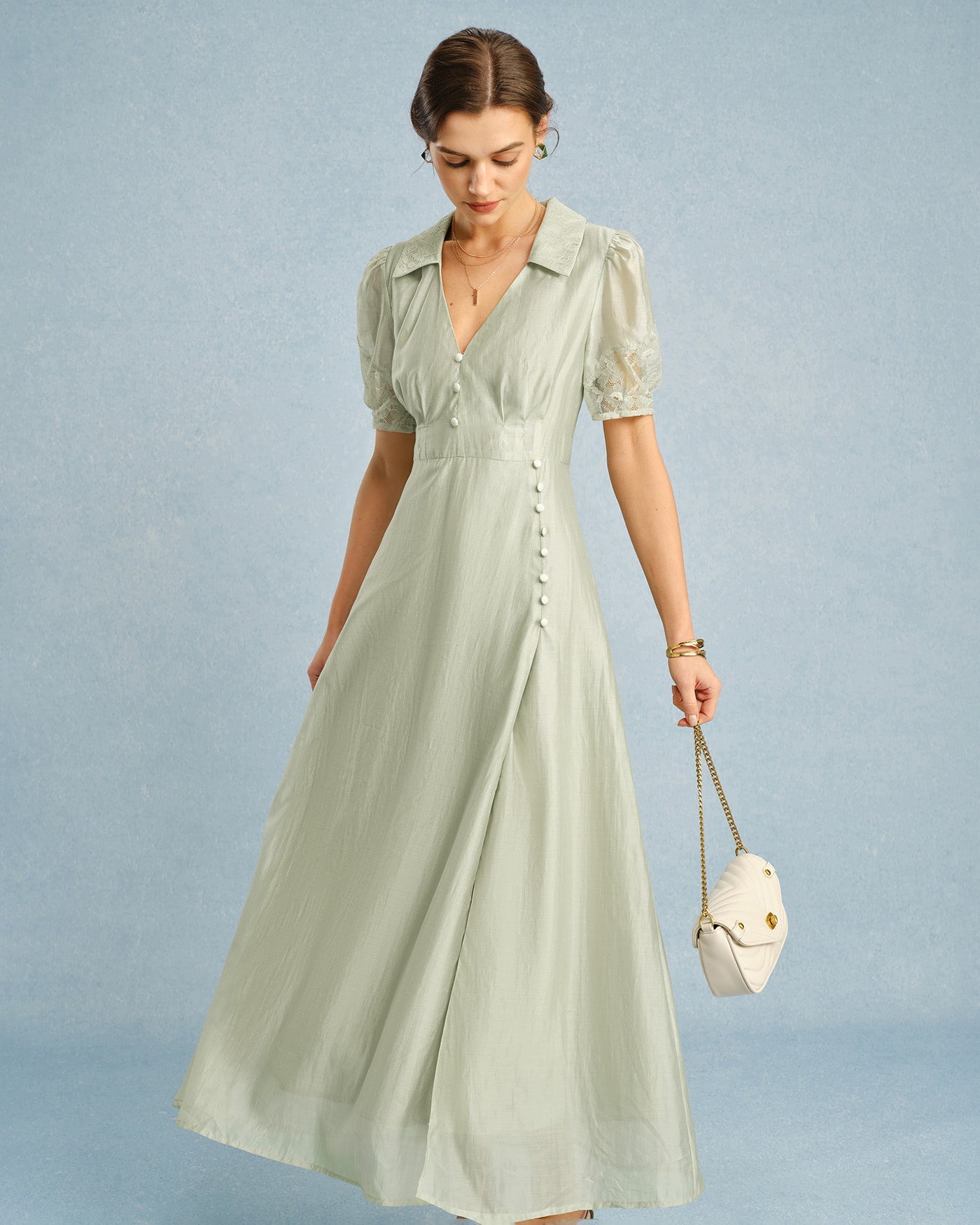 Green V Neck Button Maxi Dress