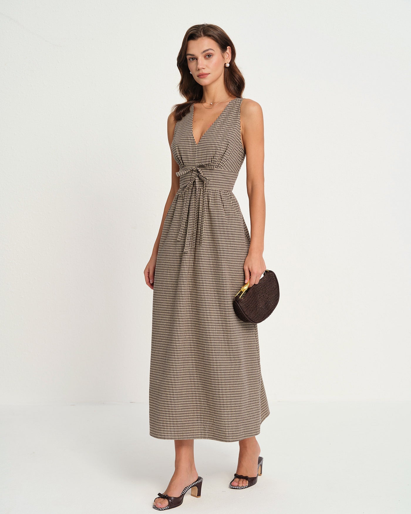 Brown V Neck Plaid Maxi Dress