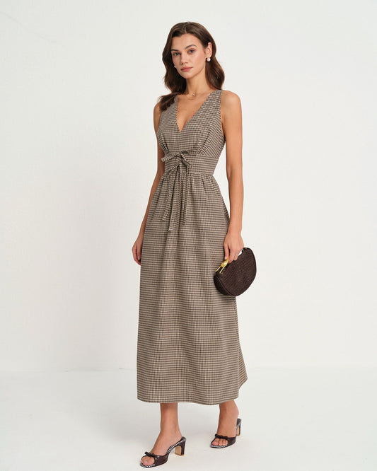 Brown V Neck Plaid Maxi Dress
