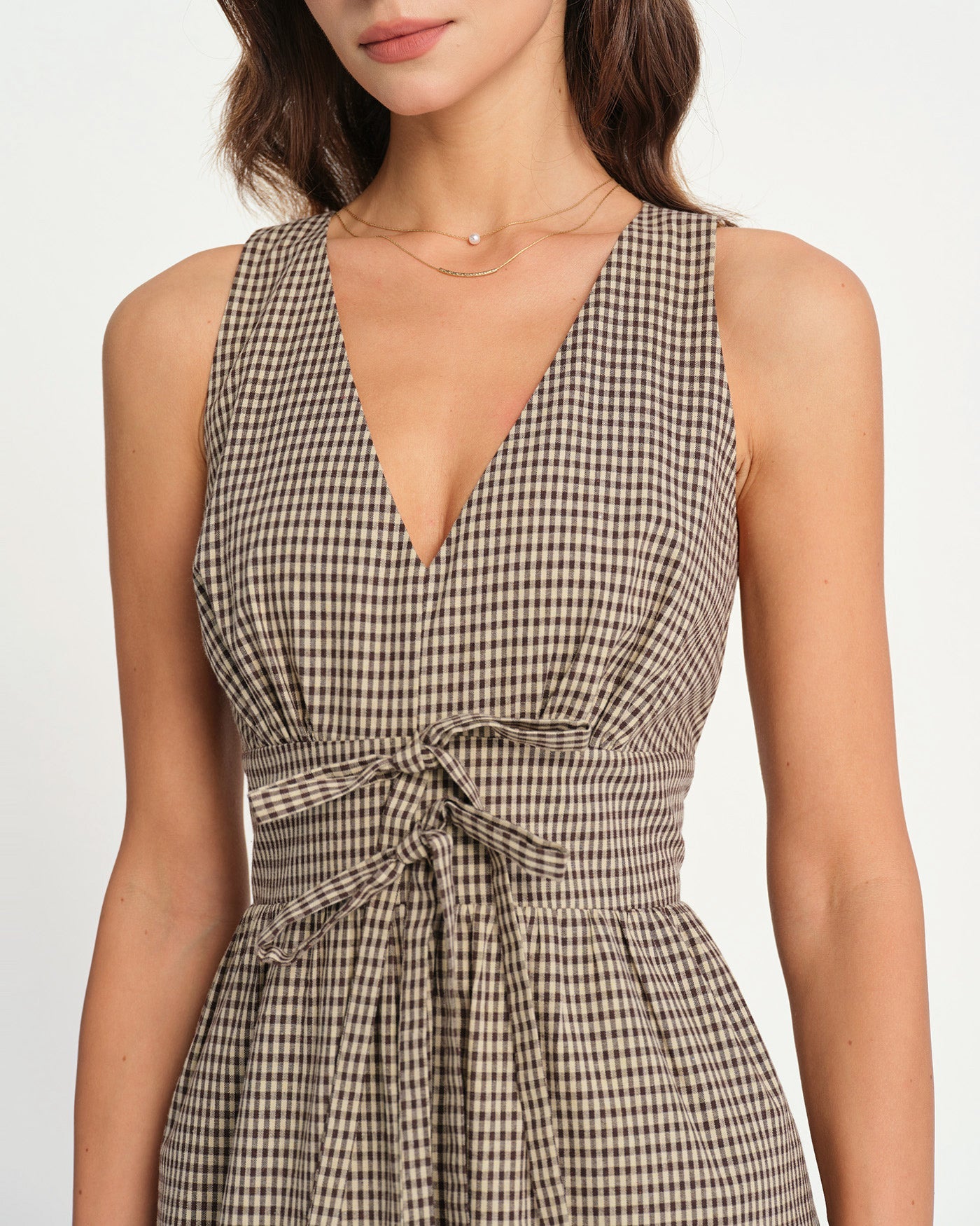 Brown V Neck Plaid Maxi Dress