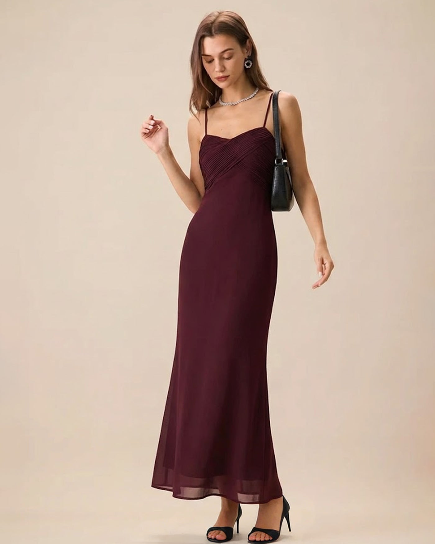 Wine Red Ruched Slip Maxi Dress