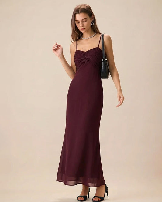 Wine Red Ruched Slip Maxi Dress