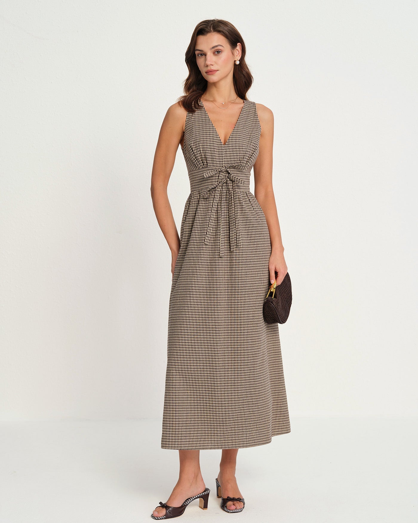 Brown V Neck Plaid Maxi Dress