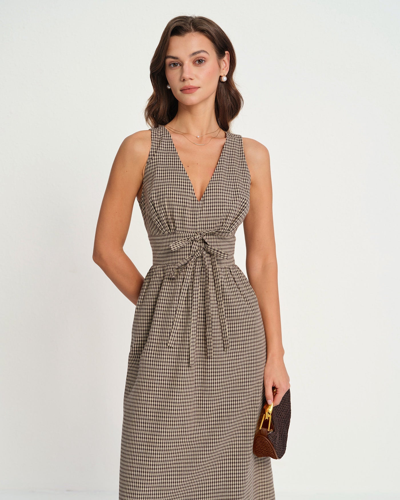Brown V Neck Plaid Maxi Dress