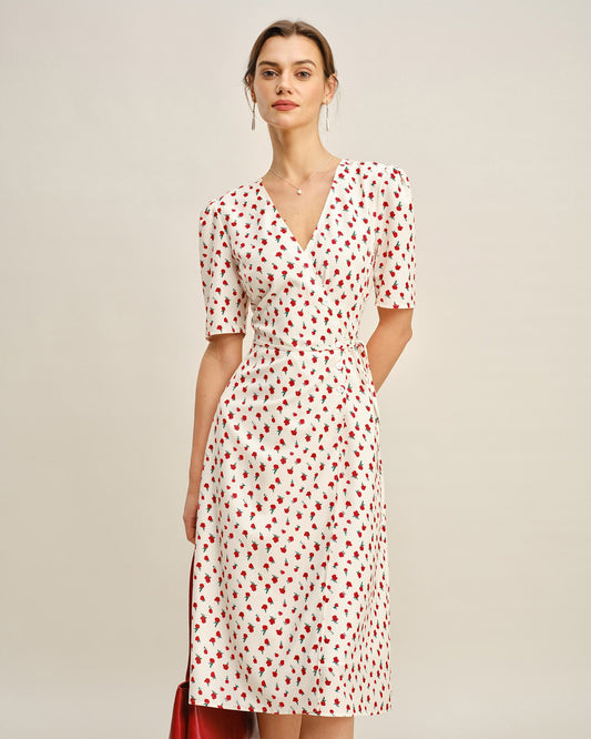Apricot Floral V Neck Midi Dress