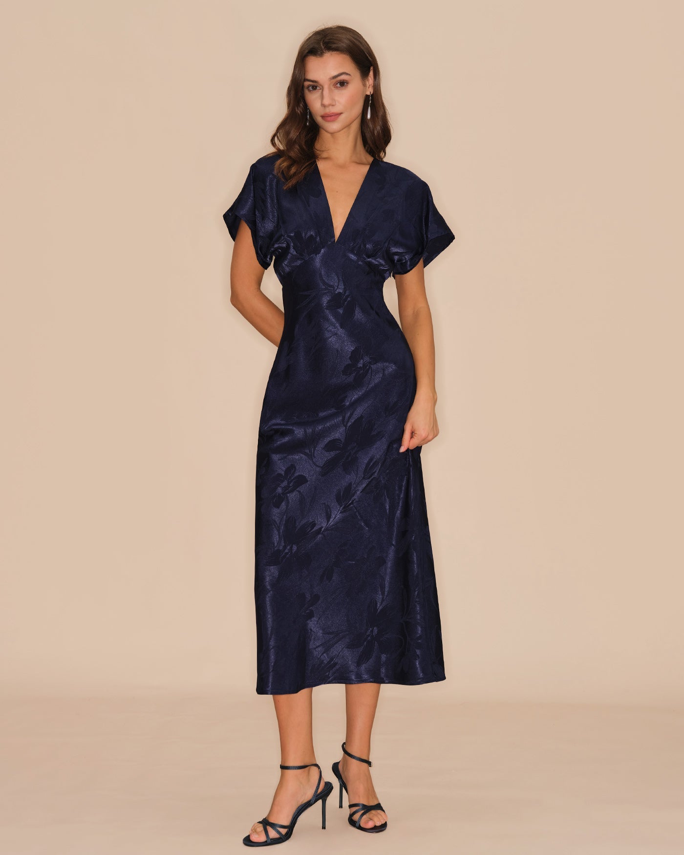 Blue V Neck Jacquard Midi Dress