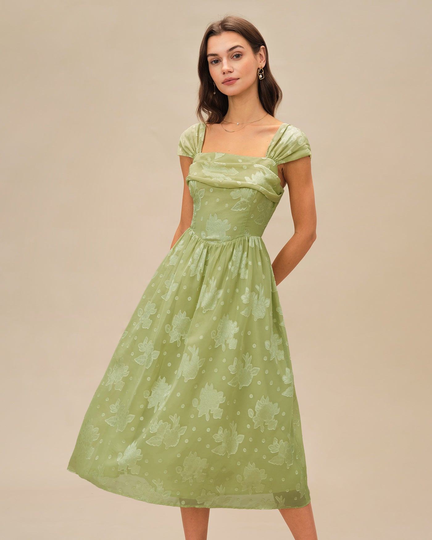 Green Floral Sleeveless Midi Dress