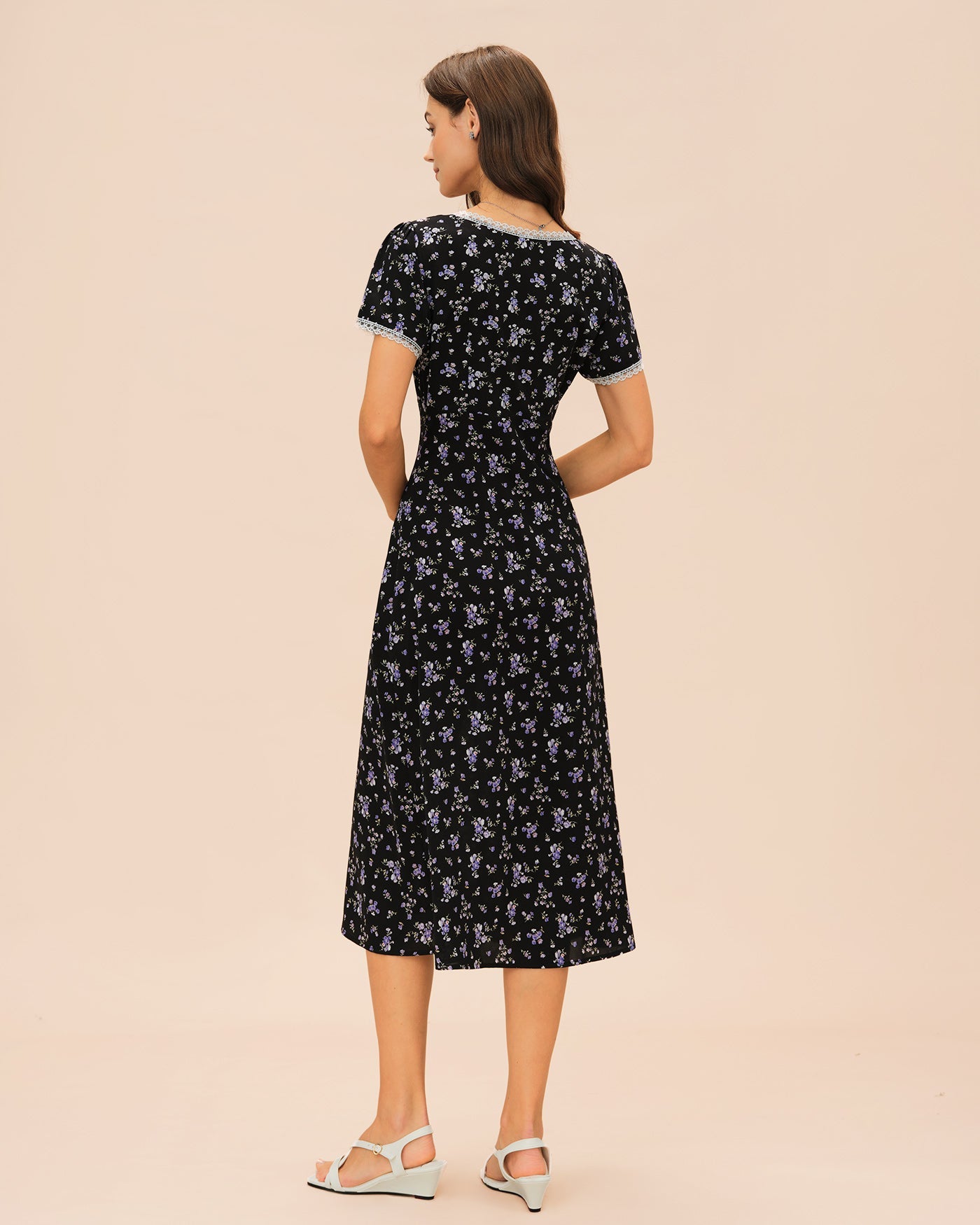Black V Neck Lace Floral Midi Dress