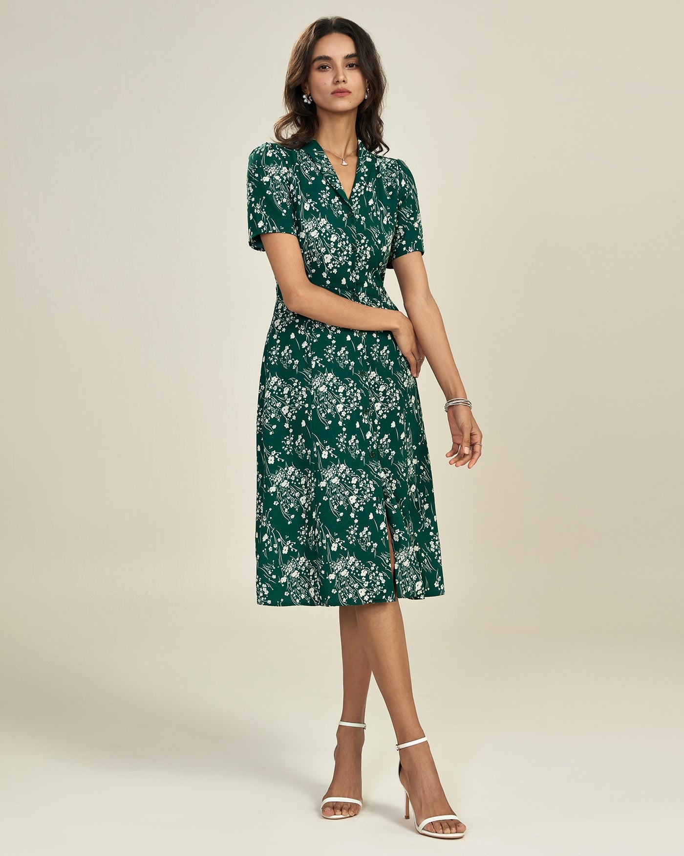 Green V Neck Floral Tunic Midi Dress
