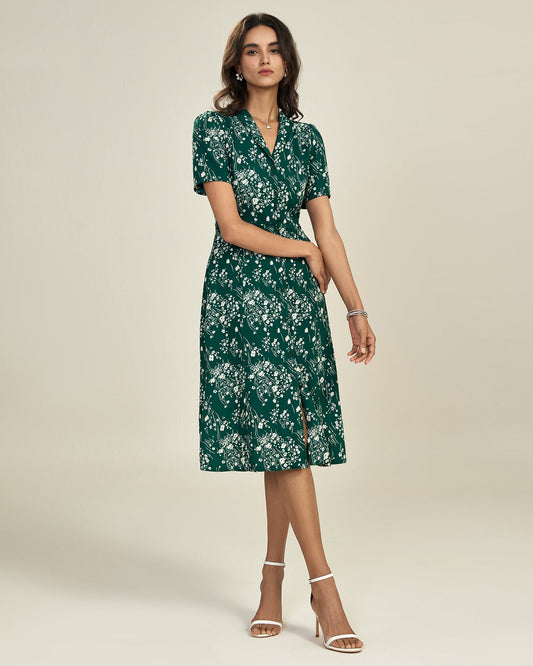 Green V Neck Floral Tunic Midi Dress