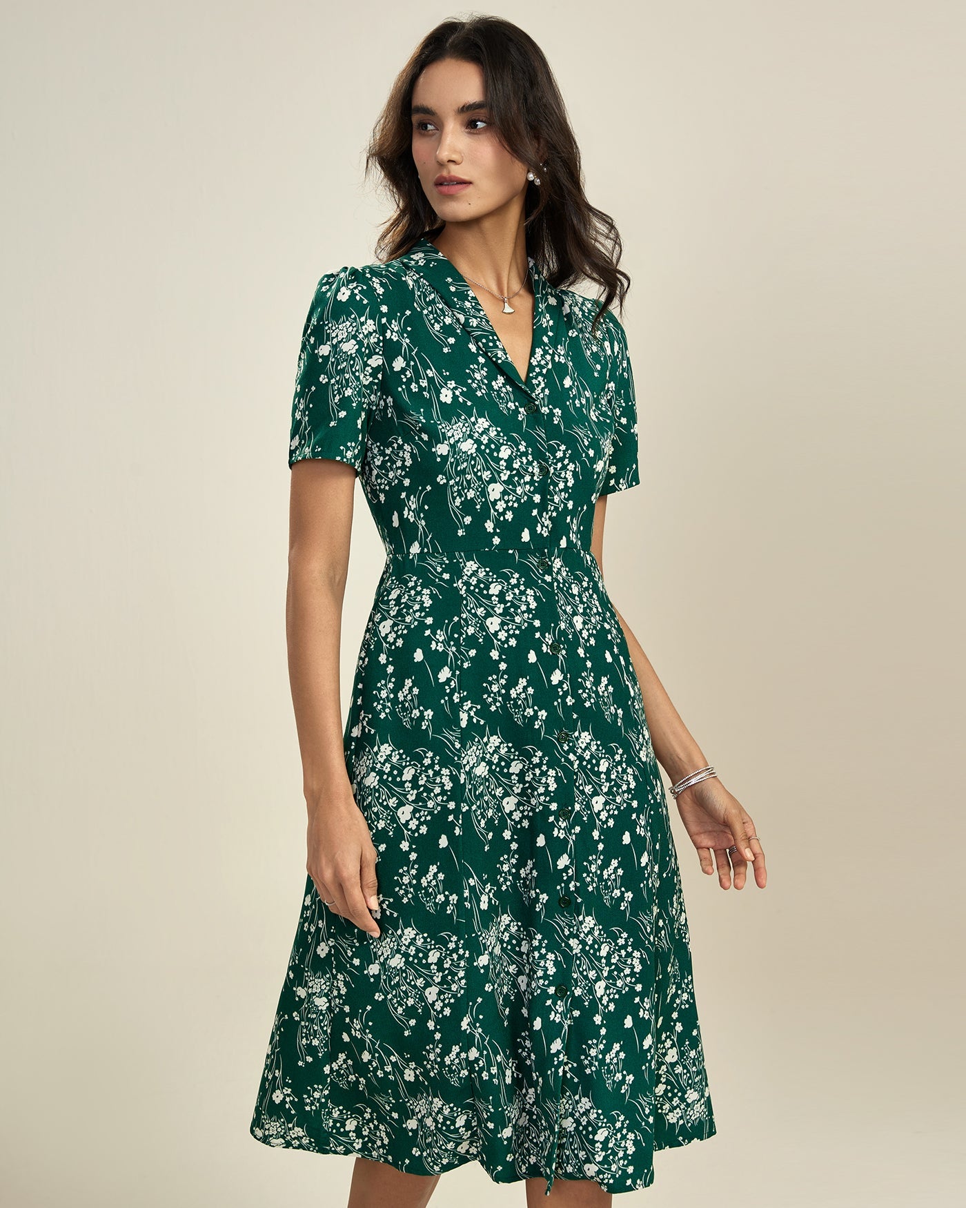 Green V Neck Floral Tunic Midi Dress