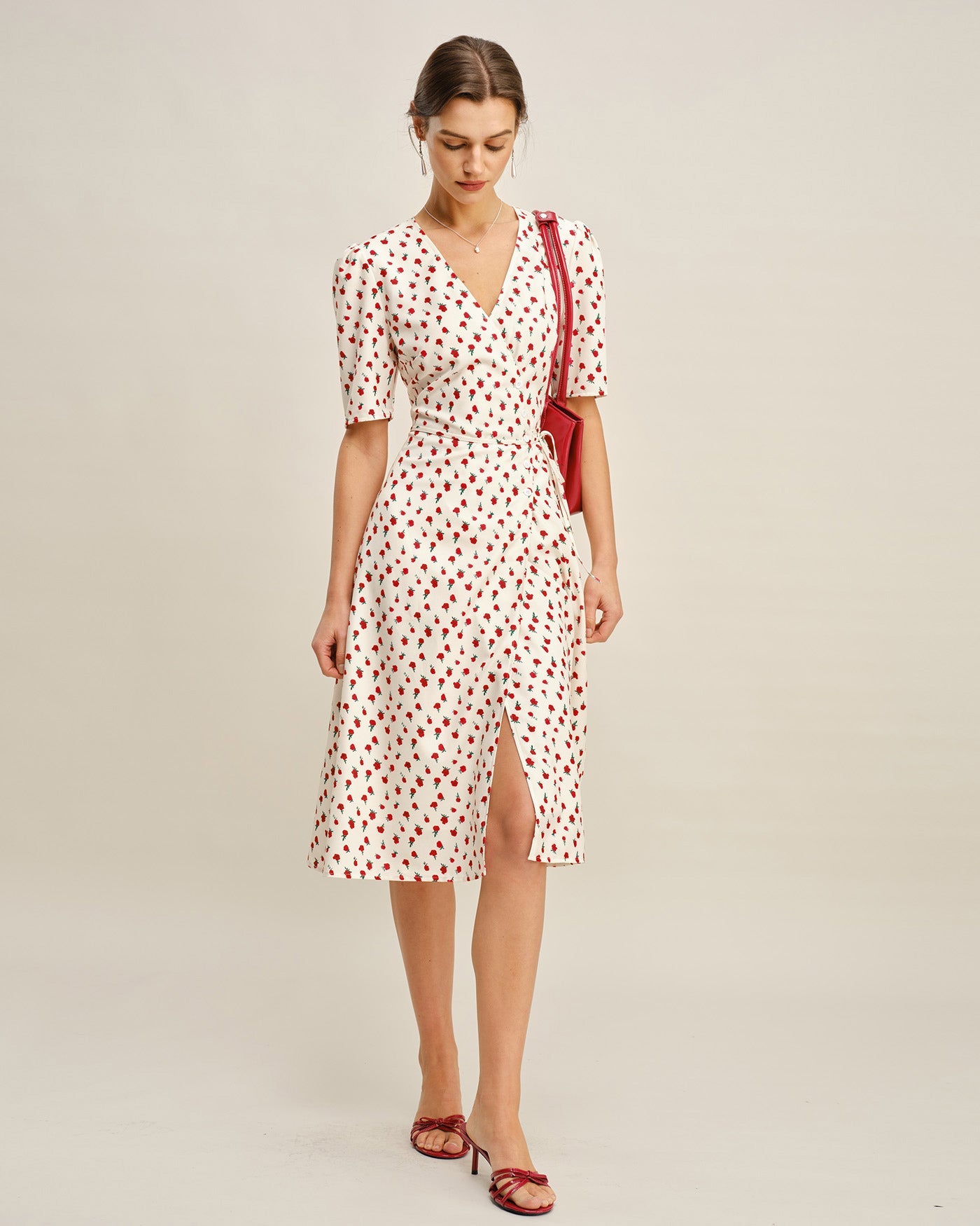 Apricot Floral V Neck Midi Dress