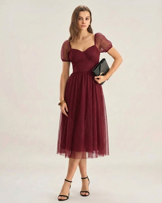 Red Sweetheart Neck Polka Dot Midi Dress