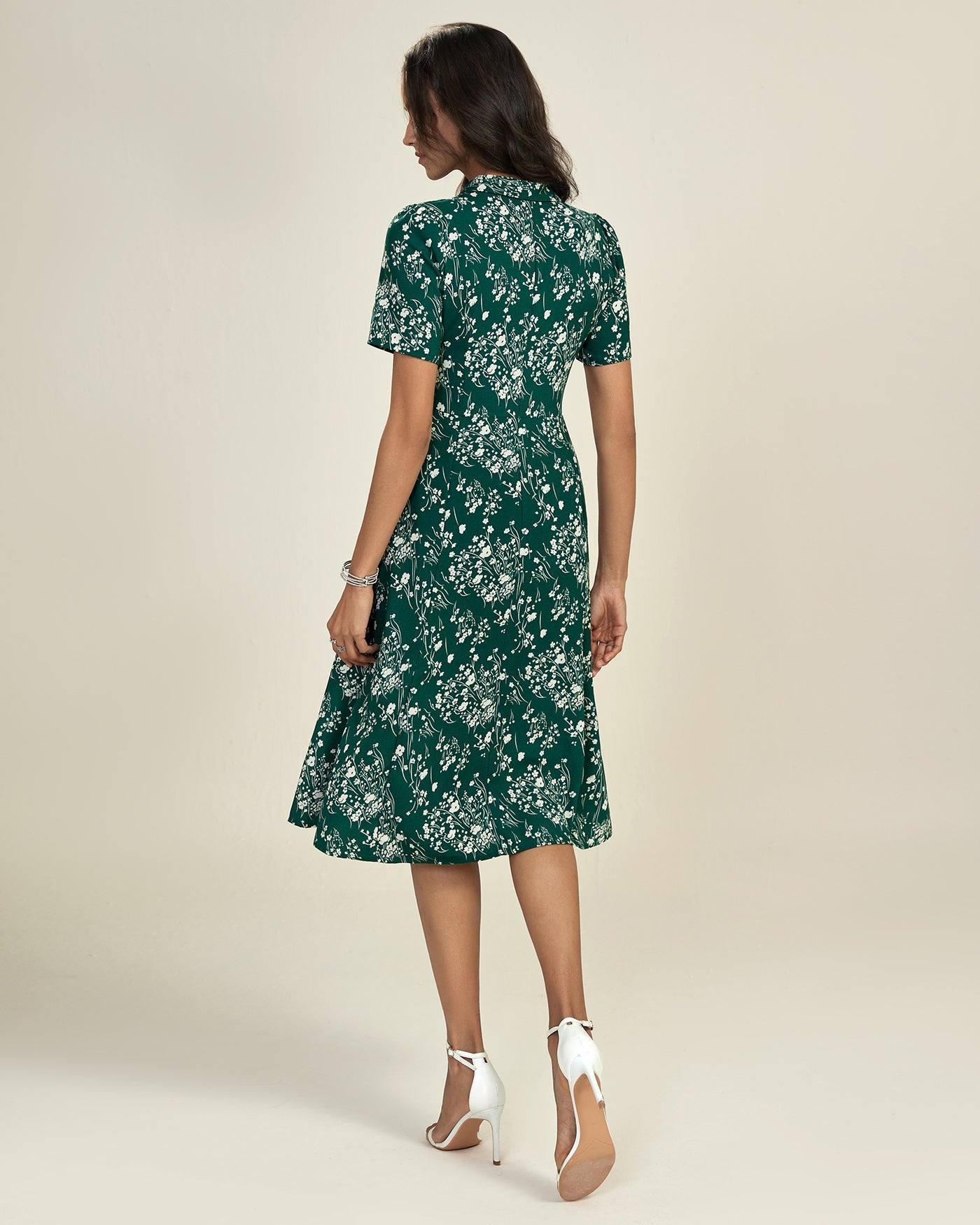 Green V Neck Floral Tunic Midi Dress