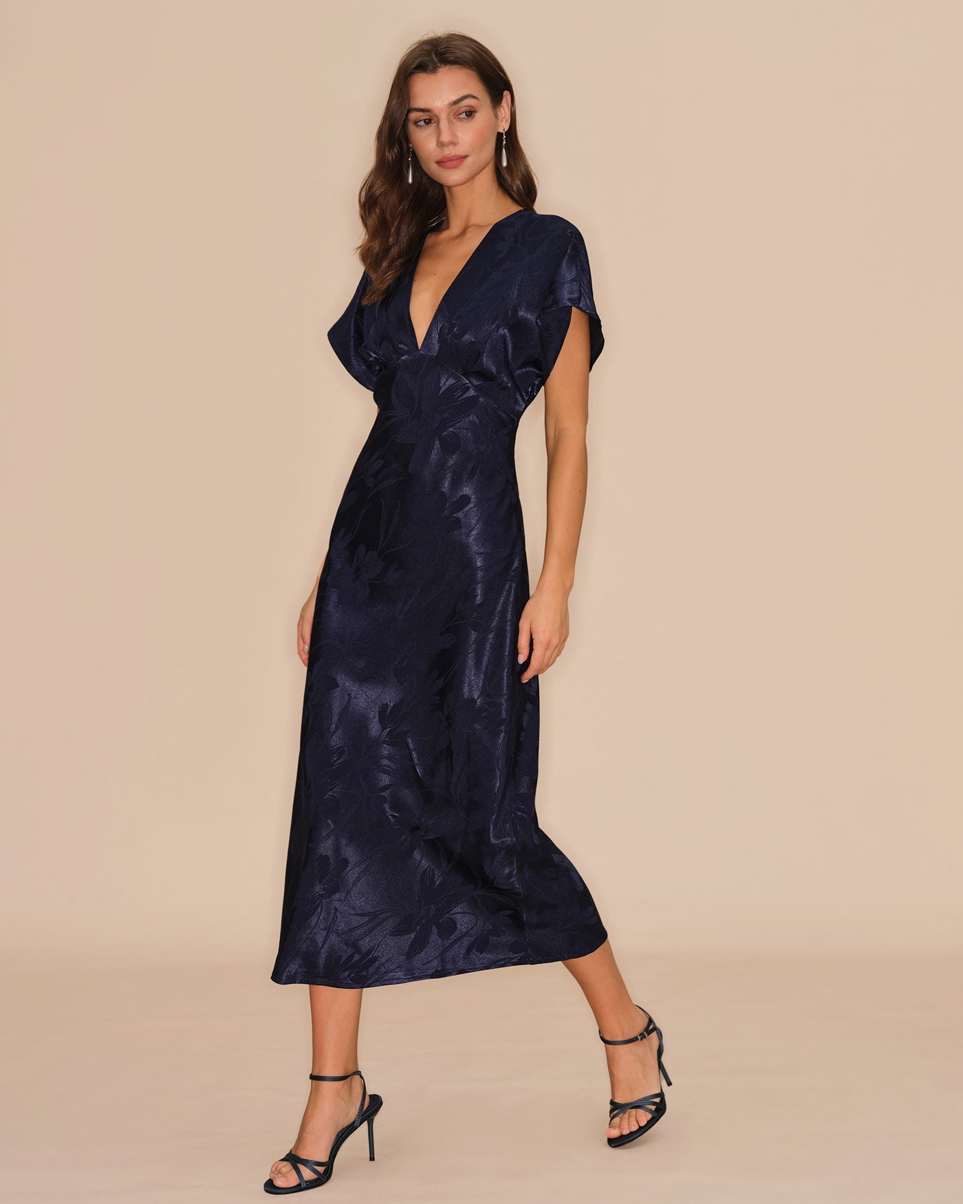 Blue V Neck Jacquard Midi Dress