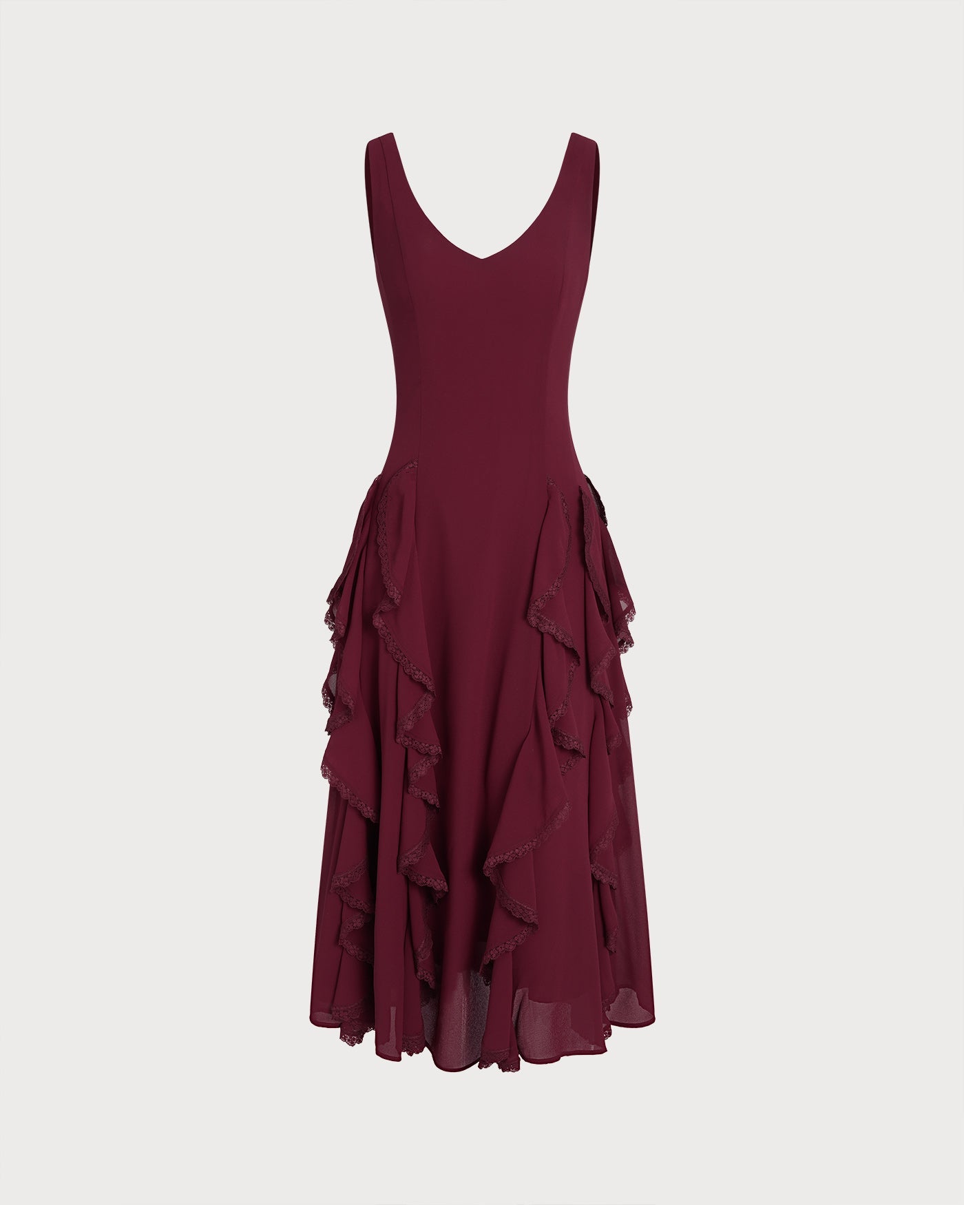 Red V Neck Ruffle Midi Dress