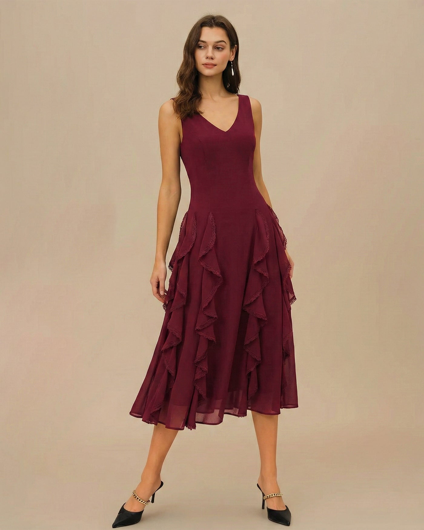 Red V Neck Ruffle Midi Dress