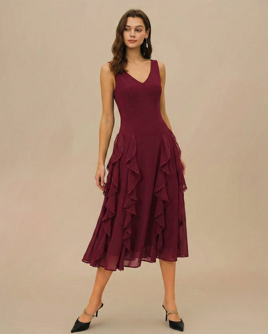 Red V Neck Ruffle Midi Dress