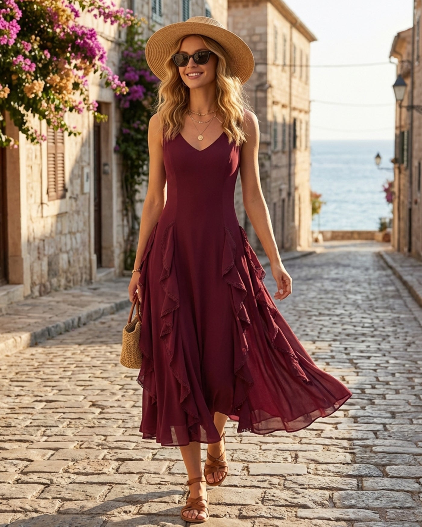Red V Neck Ruffle Midi Dress