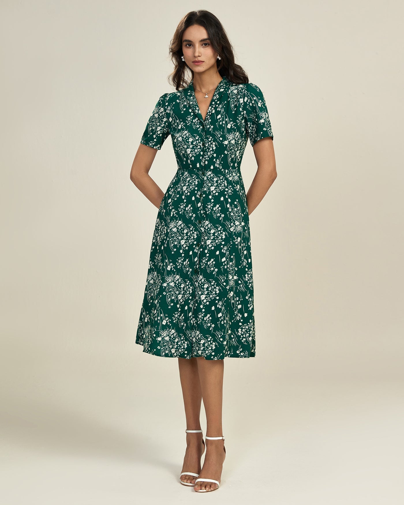 Green V Neck Floral Tunic Midi Dress