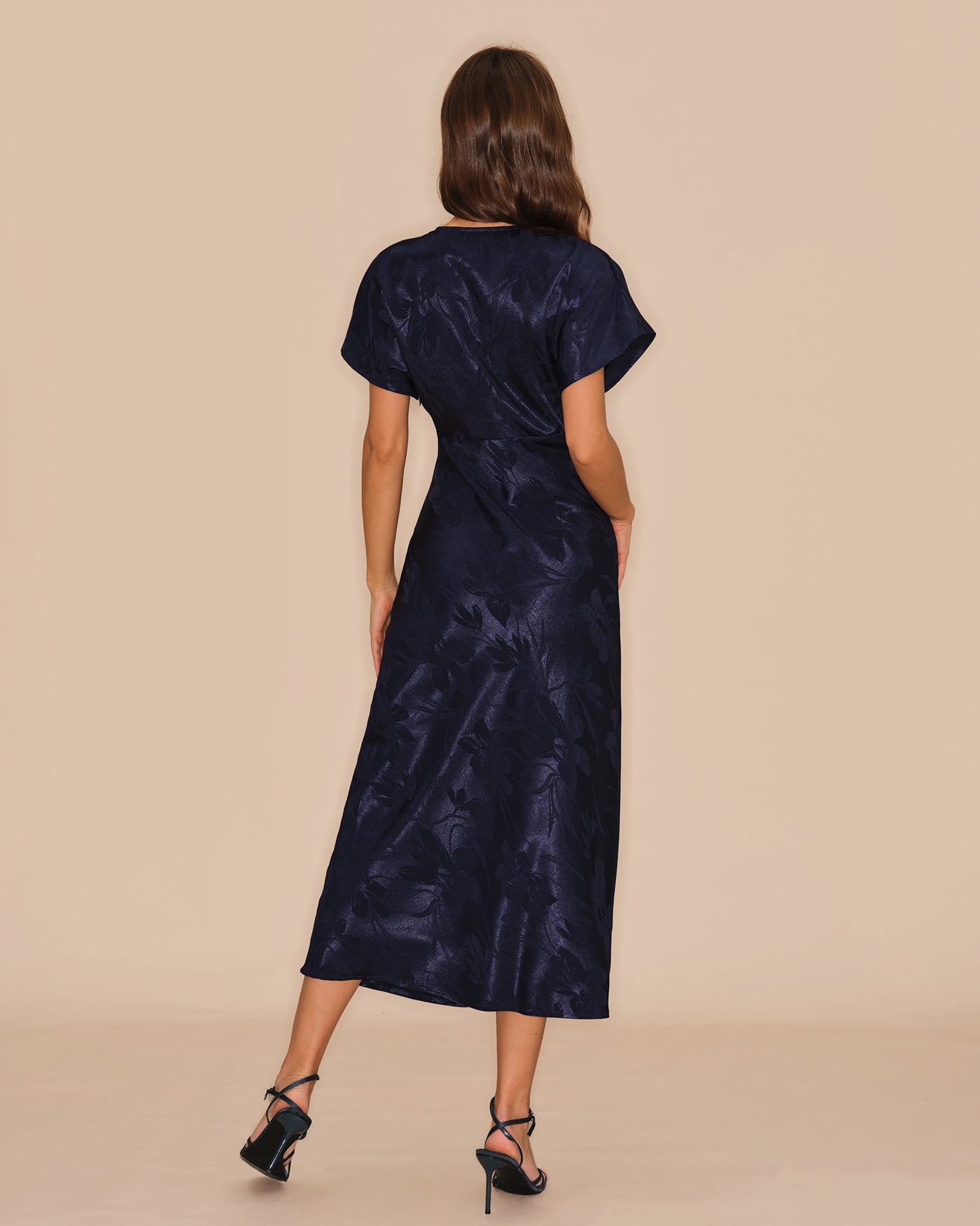 Blue V Neck Jacquard Midi Dress